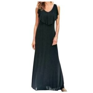 NWOT Soft Surroundings Black Knit Ruffle Bib Maxi Dress Size Medium